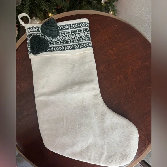 Hearth & Hand White and Green Embroidered Christmas Stocking - Picture 2 of 3